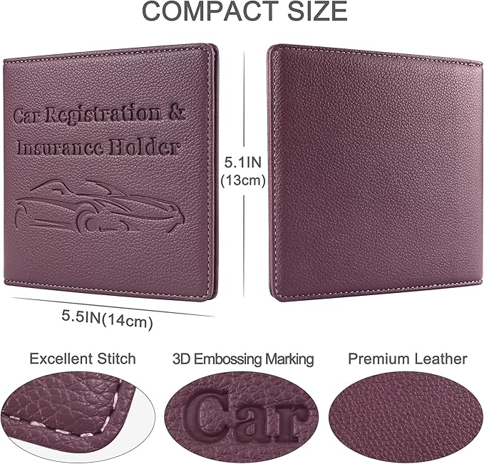 Car Registration and Insurance Holder, Premium PU Leather Vehicle Glove Box Car Organizer Men Women Wallet Accessories Case for ID, Driver's License - Purple