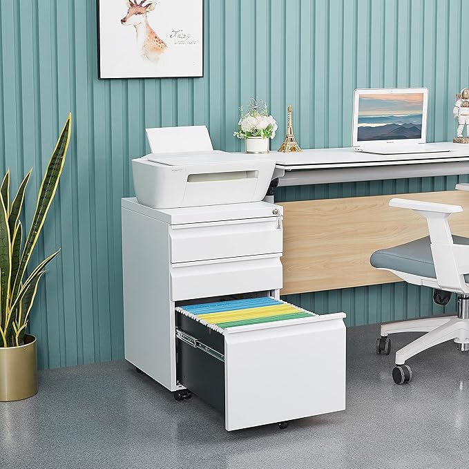 3 Drawer File Storage Cabinet, File Cabinets for Home Office, Metal Rolling Filing Cabinet, Locking File Cabinet for A4/Letter/Lagal Size, Fully Assembled, Matte White