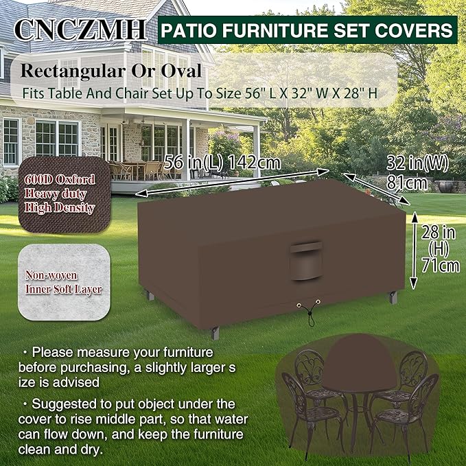 Heavy Duty Patio Furniture Covers Waterproof, 600D Outdoor Furniture Cover Waterproof for Sectional Sofa Couch, Outdoor Dining Table and Chair Set Covers 56''L x 32''W x 28''H, Brown