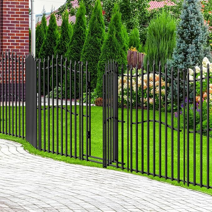 8 Panels No Dig Decorative Garden Fence with Gate - 40in H x 18ft L, Tall Heavy-Duty Square Tube Animal Barrier, Rustproof Dog Fence for Outdoor Yard & Patio Protection