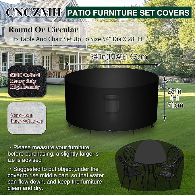 Heavy Duty Patio Furniture Covers Waterproof, 600D Round Outdoor Furniture Cover Waterproof for Sectional Sofa Couch, Outdoor Dining Table and Chair Set Covers 54"DIA x 28"H, Black
