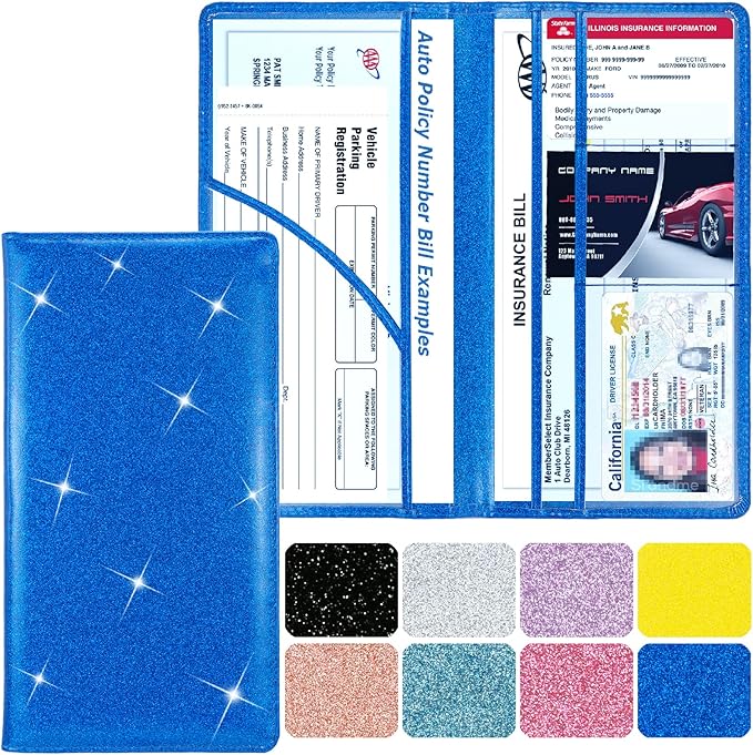 Car Registration and Insurance Holder, Leather Magnetic Shut Vehicle Glove Box Organizer for Document, Card, Driver License, Glitter Blue