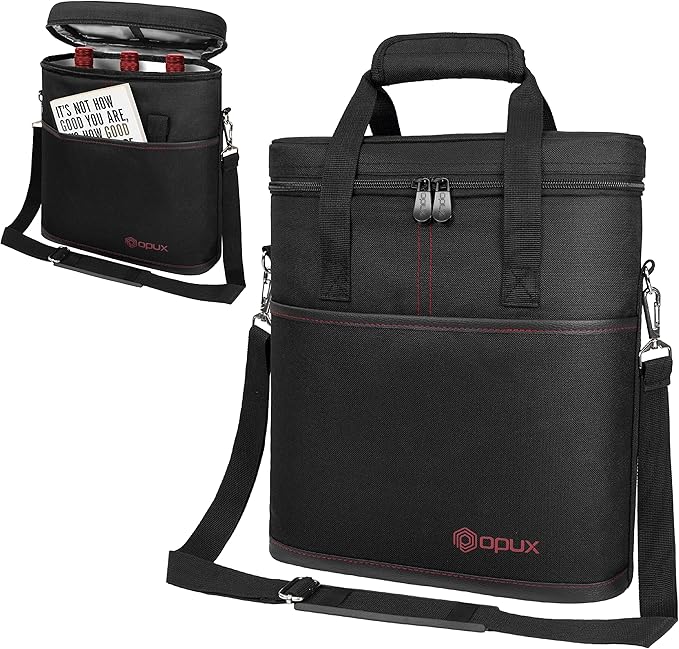 opux 3 Bottle Wine Carrier Tote, Insulated Leakproof Wine Cooler Bag, Wine Travel Bag Tote for Picnic BYOB Beach, Portable Wine Bottle Carrying Case, Gift for Wine Lover Women Men Christmas, Black