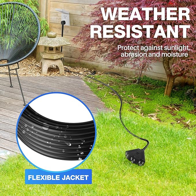 14/3 Gauge Heavy Duty Outdoor Extension Cord 12 FT, 90 Degree Angled 3 Prong Plug, 14 Gauge Power Cable with 3 Outlets, 14AWG, 15A, 125V, 1875W, ETL Listed, Black Wire, with Free Carrying Strap+Ties
