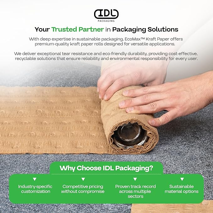 IDL Packaging 12" x 25' EcoMax™ Kraft Paper Cellulose Wadding (1 Roll) - Cushioning Wrapping and Box Void Filling - Soft and Gentle Packing for Shipping, Moving, and Storing Fragile Items