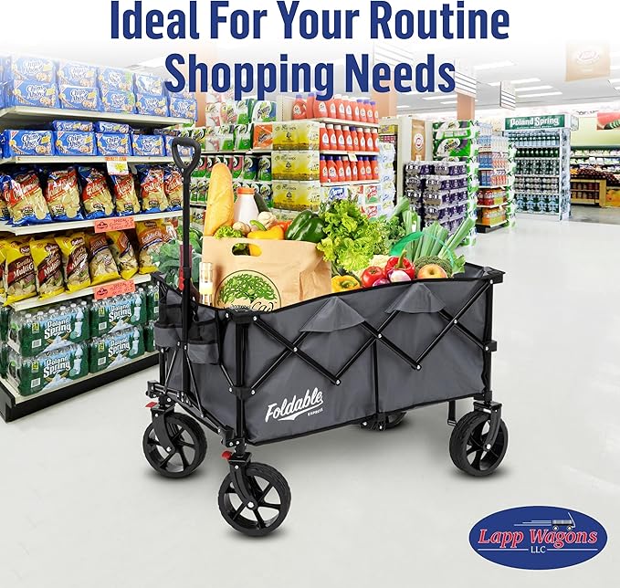 Lapp Wagons 39" Extra-Long Collapsible Folding Wagon Cart, Heavy-Duty 360 lb Utility Wagon with Wheels, Foldable Beach Wagon for Camping, Garden, Grocery, Sports, Outdoor Gear – Grey