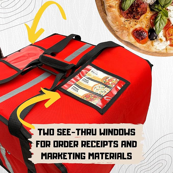 FSE Insulated Pizza Food Delivery Bag Carrier, 18 Inch x 18 Inch x 13 Inch, Breathable Design, Fits Five 16" Pizza Boxes, or Four 18" Pizza Boxes, for Hot or Cold Items, Red