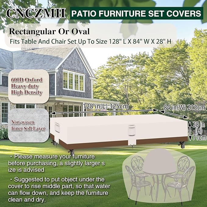 Heavy Duty Patio Furniture Covers Waterproof, 600D Outdoor Furniture Cover Waterproof for Sectional Sofa Couch, Outdoor Dining Table and Chair Set Covers 128''L x 84''W x 28''H, Beige Brown