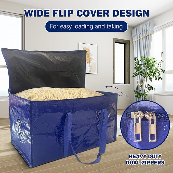16 Pack Extra Heavy Duty Large Moving Bags with Strong Zipper & Carrying Handles, Sturdy Clothes Storage Bag Totes Bins, Packing Bags Moving Boxes College Moving Supplies, Dark Blue - 33 gal