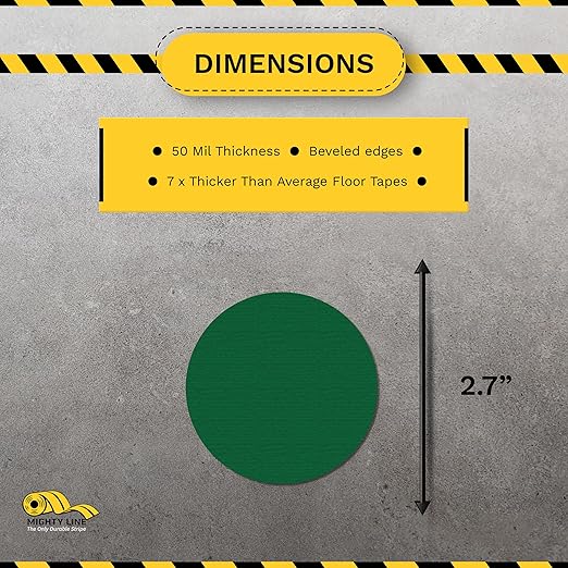 Mighty Line 2.7" Solid Dot Shaped Floor Marking Tape for Safety, Caution, Warning, Heavy-Duty, Peel and Stick, Adhesive Circle Spots, Industrial Quality, Green, Pack of 100