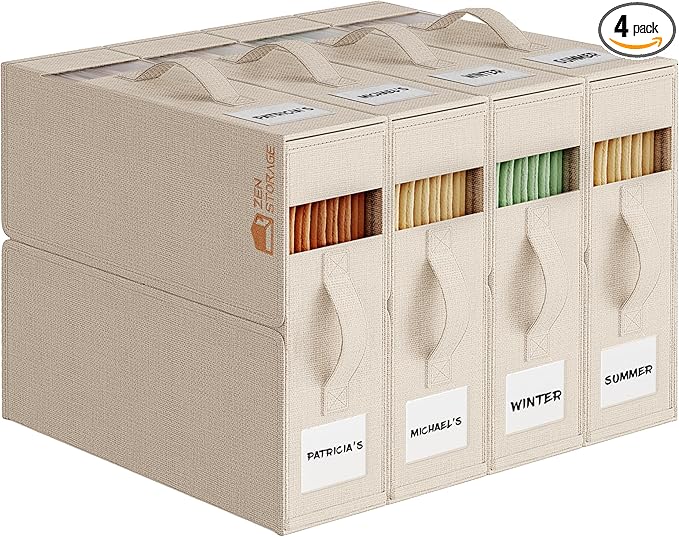 4 Pack Sheet Storage Organizer (King & Queen Size) with handle, Foldable Sheet Set Organizer for Linen Closet, Sheet Organizer for Blanket, Coverlet and Towel, Beige