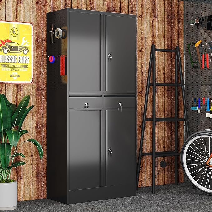 71" H Metal Garage Storage Cabinet with Pedboard and Adjustable Shelves,Metal Tool Storage Cabinet with 2 Drawers for Garage, Warehouse,Utility Room,Assembly Required,Black