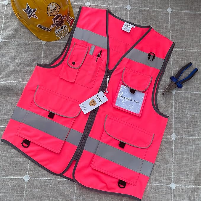 TCCFCCT Pink Safety Vest for Men Women 9 Pockets High Visibility Reflective Vest for Safety, Work Vest with Reflective Strips, Meets ANSI/ISEA Standards, Large