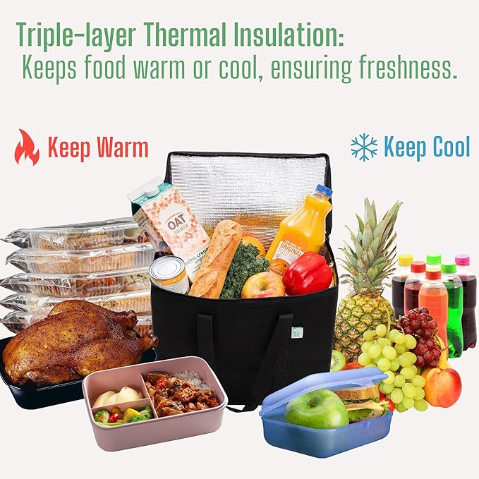 VENO 3 Pack Insulated Reusable Grocery Shopping Bag, Food Delivery, Cooler Bag, Heavy Duty, Large Size, Durable Handles, Dual Tab Zips, Lid, Stands Upright, Collapsible, Sustainable (Black, 3 Pack)