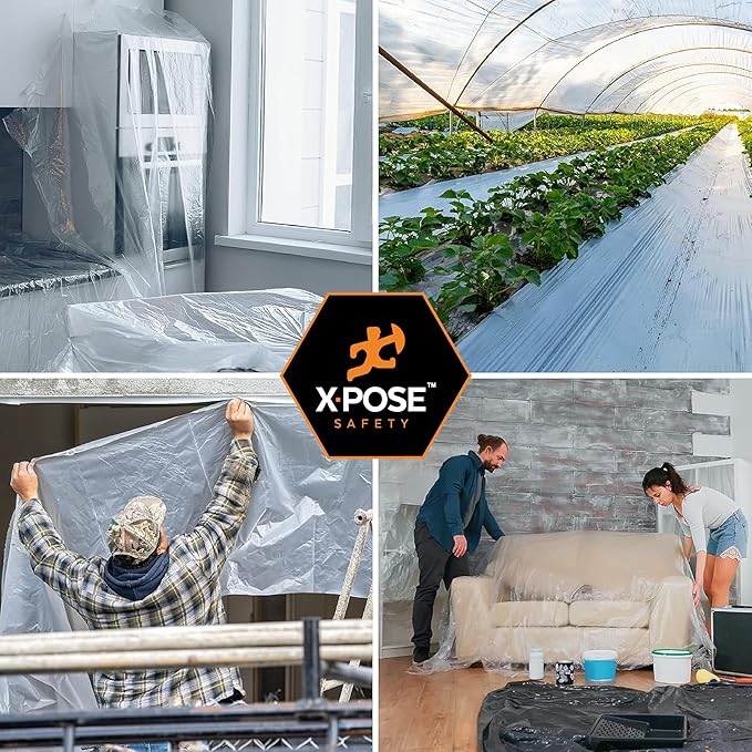 Xpose Safety Clear Plastic Sheeting 2 Pack – 20' x 100' Rolls – Heavy Duty 5.2 Mil Poly Sheet – Waterproof, Dustproof, Vapor Barrier – for Construction, Painting, Industrial Use