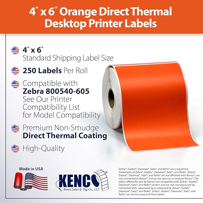 4" X 6" Direct Thermal Perforated Stickers Labels for Shipping Labels, Inventory, and Color Coding - Compatible with Zebra, Rollo, Godex and More (Orange, 12 Rolls)