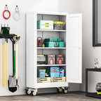 61" H Metal Garage Storage Cabinet, Rolling Tool Cabinet with 2 Doors and Wheels, Locker Steel Cabinet with 3 Adjustable Shelves, Organization Cabinet for Garage,Office,Home,Gym,School（White）