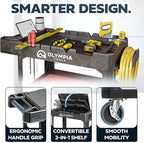 Olympia Tools Heavy Duty Utility Work Cart | 2 in 1 Convertible 3 Shelf to Flat Top Workstation | 660 lb Capacity, HDPE Frame, Ladder Hook, 4 Swivel Wheels | Tool Carts for Garage & Maintenance