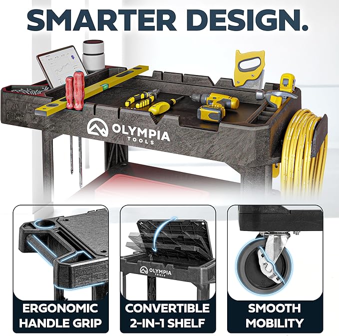 Olympia Tools Heavy Duty Utility Work Cart | 2 in 1 Convertible 3 Shelf to Flat Top Workstation | 660 lb Capacity, HDPE Frame, Ladder Hook, 4 Swivel Wheels | Tool Carts for Garage & Maintenance