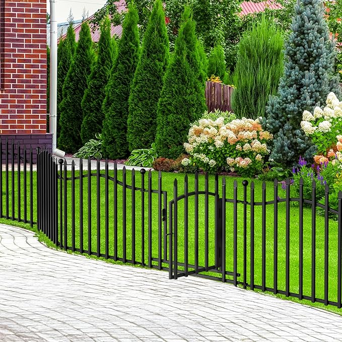 10 Panels No Dig Garden Decorative Fence with Gate - 24in H x 22.5ft L, Heavy-Duty Square Tube Animal Barrier, Rustproof Dog Fence for Outdoor Yard & Patio Protection