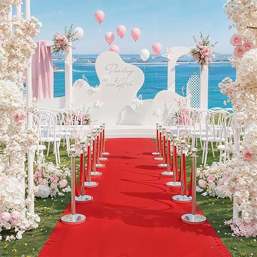 8Pcs Stainless Steel Stanchion Posts with 5ft Red Velvet Ropes - Crowd Control Barriers & Queue Line Kit with 26ft Red Carpet for Wedding, Party, Theater Supplies