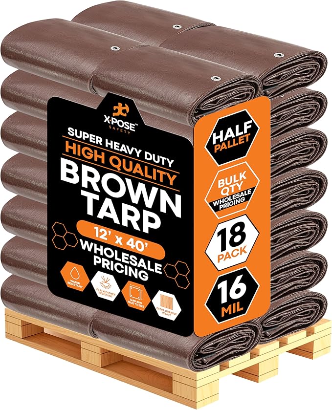 Super Heavy Duty Brown Poly Tarp 12' x 40' - Bulk Half Pallet (18 Pack) Thick Waterproof, UV Blocking Protective Cover - 16 Mil Thick Polyethylene - by Xpose Safety
