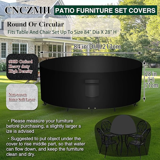 Heavy Duty Patio Furniture Covers Waterproof, 600D Round Outdoor Furniture Cover Waterproof for Sectional Sofa Couch, Outdoor Dining Table and Chair Set Covers 84"DIA x 28"H, Black