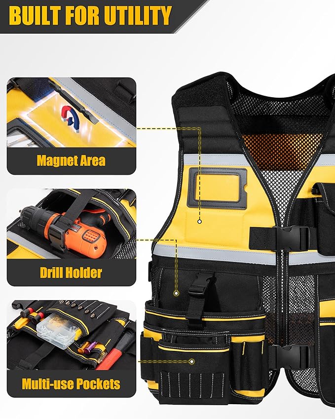 Tool Vest for Men with Adjustable Strap, Reflective Safety Work Vest for Electrician, Carpenter, Construction, Black and Yellow