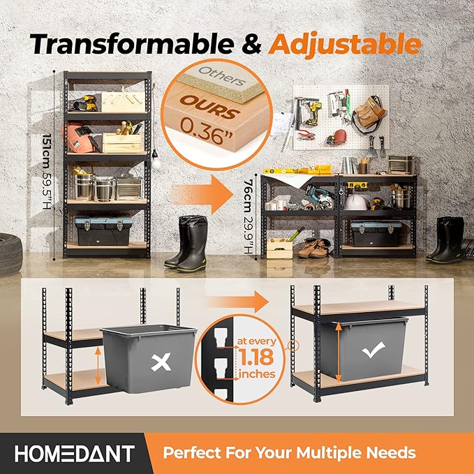 HOMEDANT 5 Tier Storage Shelves Adjustable Laminated Boltless Garage Metal Shelving Unit Heavy Duty Utility Rack Shelf Warehouse Pantry Closet Kitchen (3, (S) 28" W, Black)