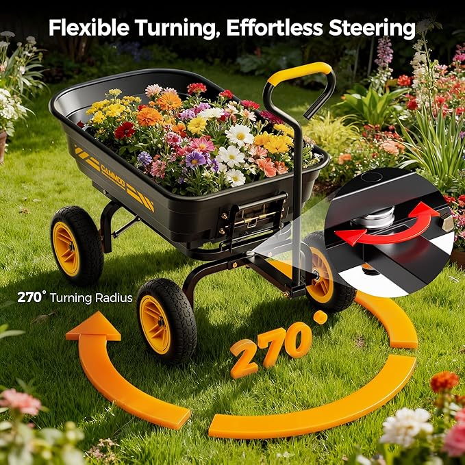 10-in NO-FLAT TIRES 600lb Heavy-Duty Garden Dump Cart 4 Cu.Ft. Utility Wagon with Quick-Release Dumping & Prime Grade 100% Virgin Polypropylene - Not Recycled Material for Landscaping Gardening