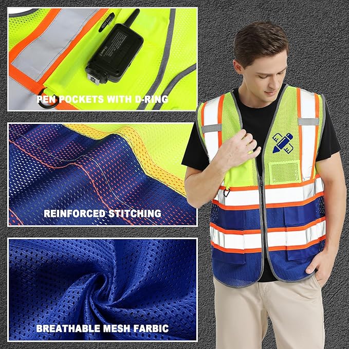 BeautyWill Custom Mesh Safety Vest Customized Logo Class2 High Visibility Reflective Vest with Pockets Construction workwear（Yellow Blue，4XL ）