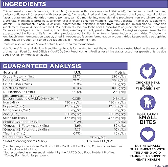 NutriSource Puppy Food, Made with Chicken Meal and Rice, Small Breed with Wholesome Grains, 15LB, Dry Dog Food