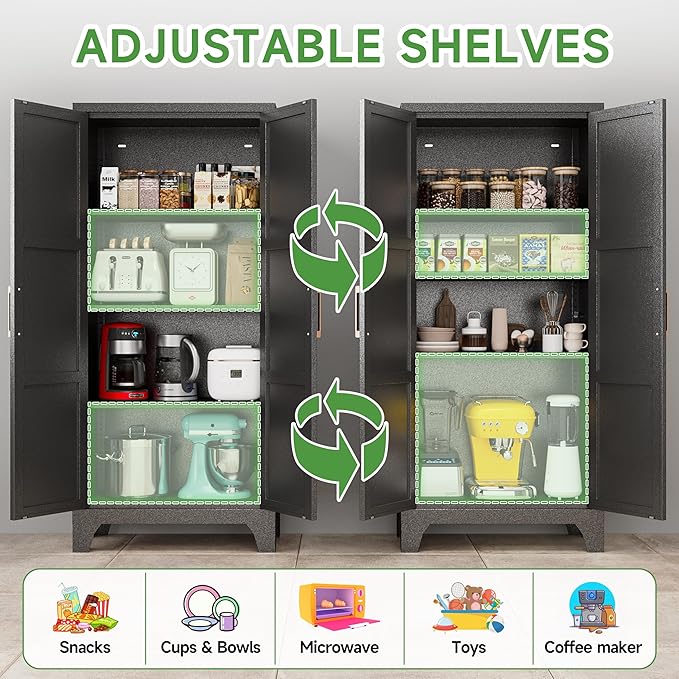 Pantry Cabinets for Kitchen,61.02” Tall Storage Cabinets,Metal Pantry Storage Cabinet with 2 Doors and 3 Adjustable Shelves for Kitchen/Black