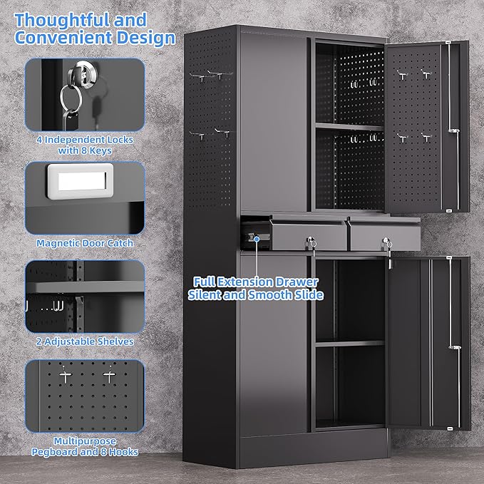 Metal Storage Cabinet with 2 Drawers and Pegboard, Garage Storage Cabinet with Locking Doors and 2 Adjustable Shelves, 71" H Steel Cabinets for Garage, Home, Office, School, Black