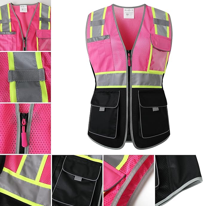 Safety Vest for women, Hi vis Reflective Lady Work vest With 9 Multi Pocket And Zipper
