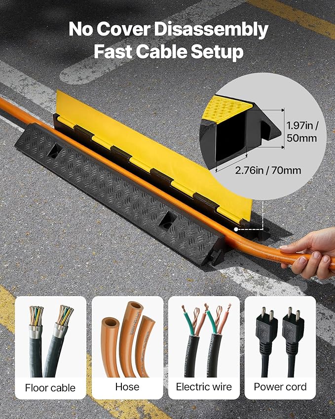 VEVOR Cable Protector Ramp, 1 Channel Heavy Duty 39.37'' Rubber Cord Hose Wire Cover, 2.76''W x 1.97''H Channel Size, Traffic Speed Bump with Flip-Open Top Cover, for Indoor Outdoor Use