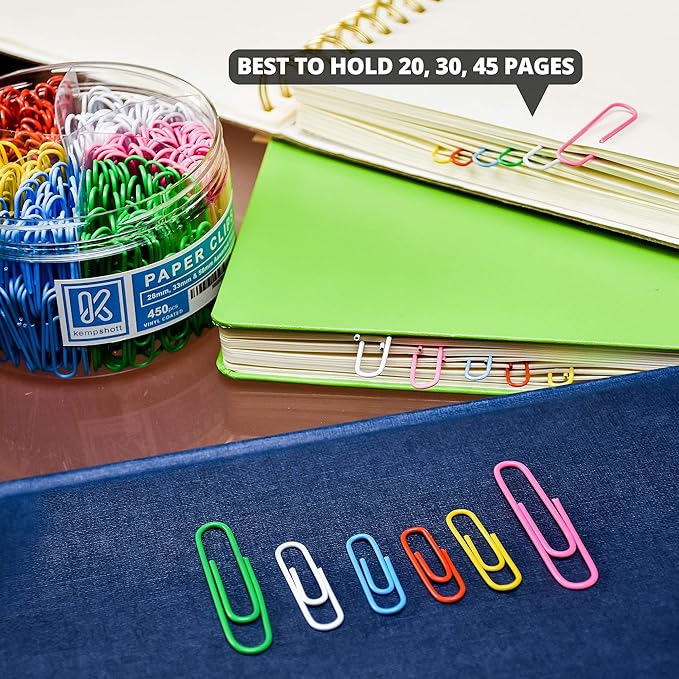 450 Color Paper Clips Assorted Sizes Small, Medium and Large Paper Clips for Paperwork Ideal for Home, School and Office Use (Assorted, Multicolored)
