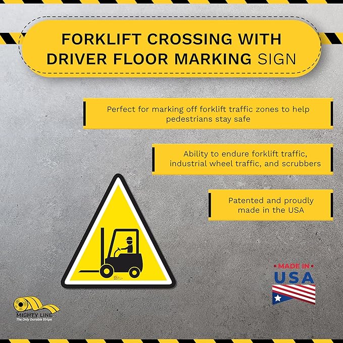 Mighty Line Forklift Floor Sign for Safety, Warning, Heavy-Duty, Peel and Stick, Adhesive, Industrial Quality, Forklift Crossing with Driver, 16"