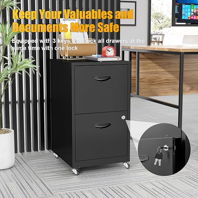 2 Drawer Mobile File Cabinet with Lock, Metal Filing Cabinets with Wheels, Black Rolling Storage Cabinet, Under Desk Vertical File Cabinet for Home Office, Lockable Steel Two Drawer for Letter Size
