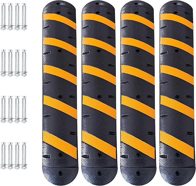 4 Pack 6FT Speed Bumps for Road, Heavy Duty 25,000 Lbs Capacity Traffic Rubber Speed Humps with 2 Channel Floor Cord Cover for Asphalt Concrete Gravel Driveway Road Cable Protector Ramp