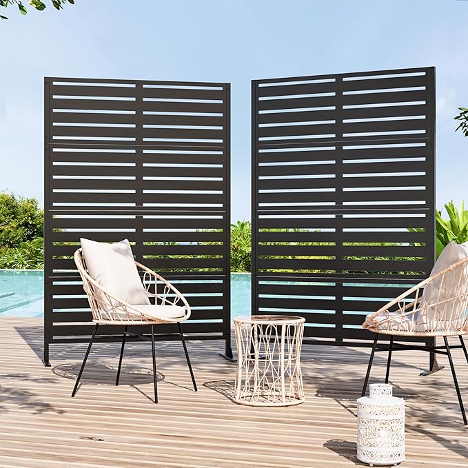 Modern Shade Metal Privacy Screen 72" H x 48" W, Freestanding Decorative Outdoor Privacy Fence Panels for Instant Privacy & Space Division, Patio Screens for Patios Outside Outdoor, Black, 2 Panel