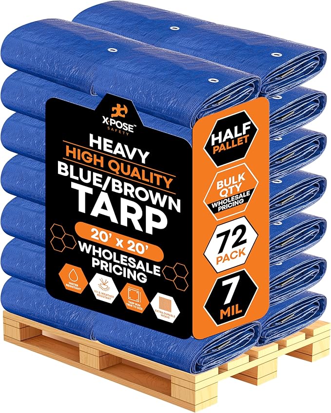 Heavy Blue & Brown Tarp 20' x 20'- Bulk Half Pallet (72 Pack) Weatherproof, Camping, Rain, Wind & Sun - 7 Mil Plastic Tarp Outdoor Cover for Roof, Trailer, RV, Car, Boat - by Xpose Safety