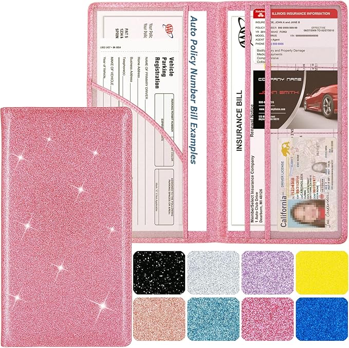Car Registration and Insurance Holder, Leather Magnetic Shut Vehicle Glove Box Organizer for Document, Card, Driver License, Glitter Pink