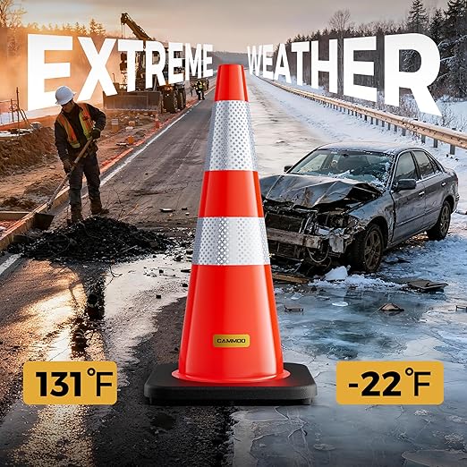 6 Pack 28 Inch Traffic Cones with Black Base, from -22℉ to 131℉, MUTCD-Compliant Orange Safety Cone with Reflective Collar ＆ Extra Caution Tape for Parking Lot, Construction Work, Road Safety