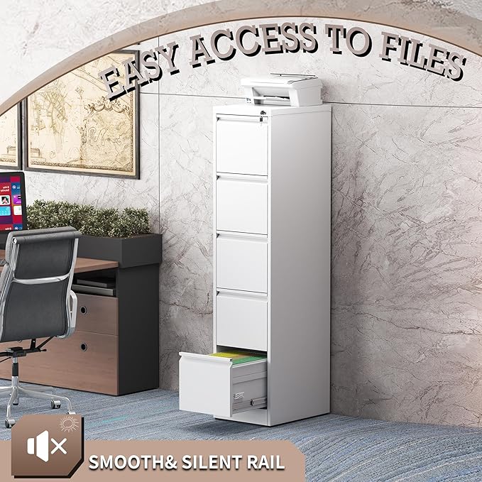 5 Drawer Vertical File Cabinet with Lock, Metal Filing Cabinets for Home Office, Heavy Duty File Storage Cabinet for Legal/Letter/A4 Documents, Easy to Assemble, White