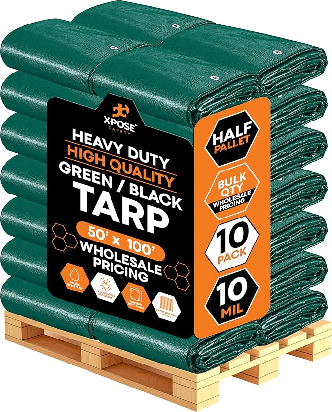 Heavy Duty Poly Tarp 50' x 100' - Bulk Half Pallet (10 Pack) Thick Waterproof, UV Blocking Protective Cover - Reversible Green & Black - 10 Mil Thick Polyethylene - by Xpose Safety