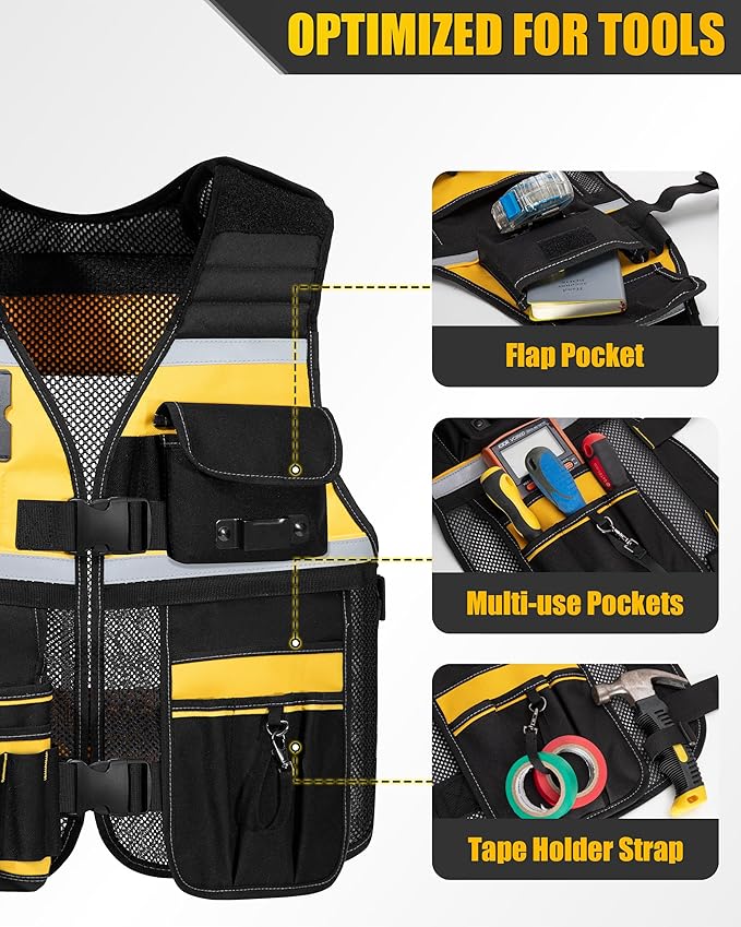 Tool Vest for Men with Adjustable Strap, Reflective Safety Work Vest for Electrician, Carpenter, Construction, Black and Yellow