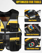Tool Vest for Men with Adjustable Strap, Reflective Safety Work Vest for Electrician, Carpenter, Construction, Black and Yellow