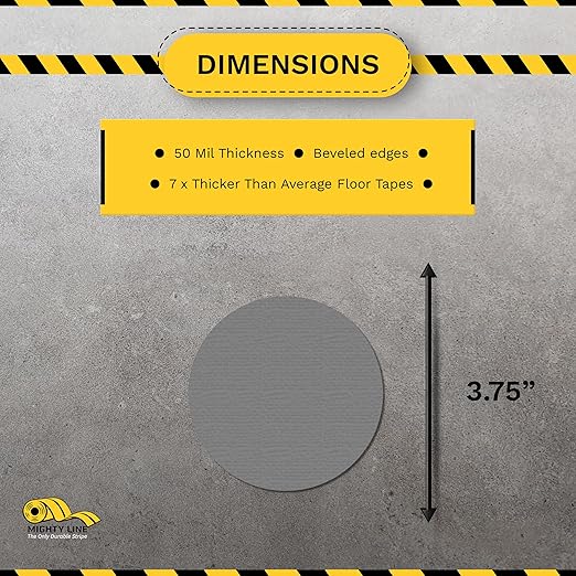 Mighty Line 3.75" Solid Dot Shaped Floor Marking Tape for Safety, Caution, Warning, Heavy-Duty, Peel and Stick, Adhesive Circle Spots, Industrial Quality, Gray, Pack of 100