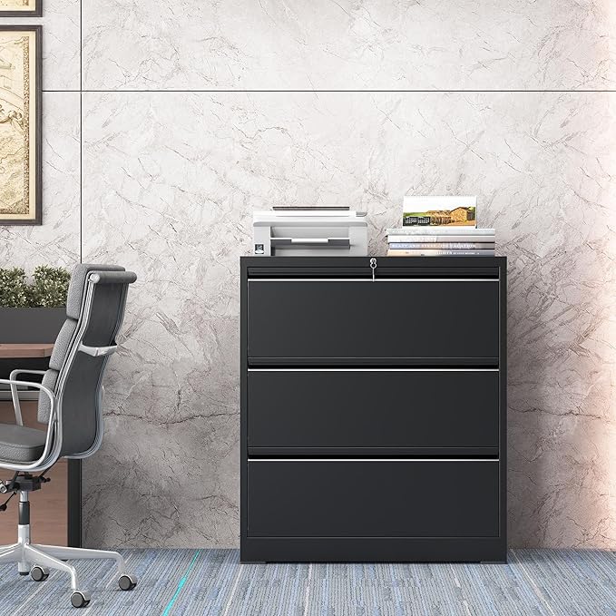 3 Drawer Lateral File Cabinet with Lock, Lateral File Cabinets for Home Office, Metal File Cabinet, Heavy Duty File Storage Cabinet for Legal/Letter/A4 Document, Assembly Required, Black